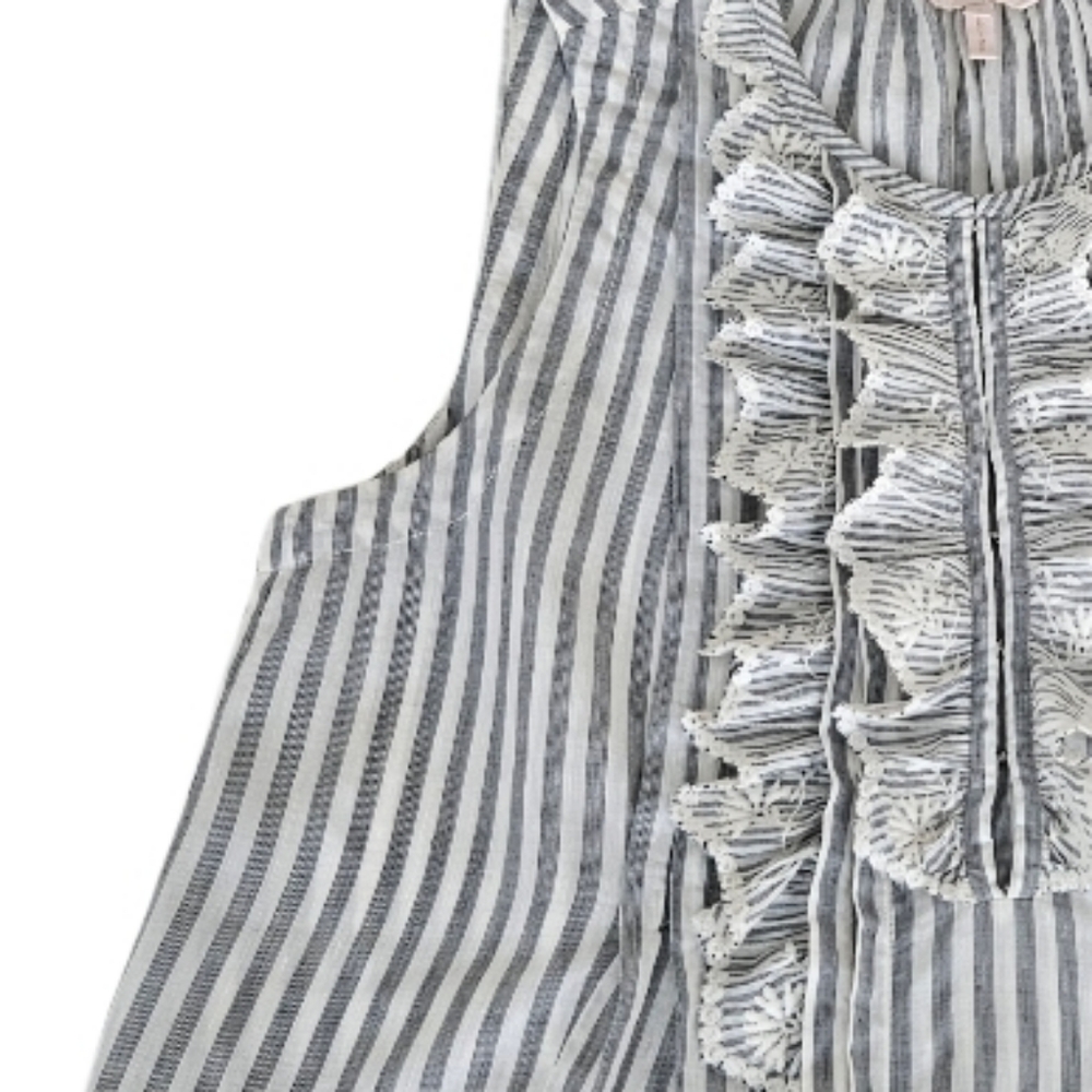 Rebecca Taylor Sleevless Gray and White Ruffle Striped Eyelet Bib Blouse - Picture 10 of 11